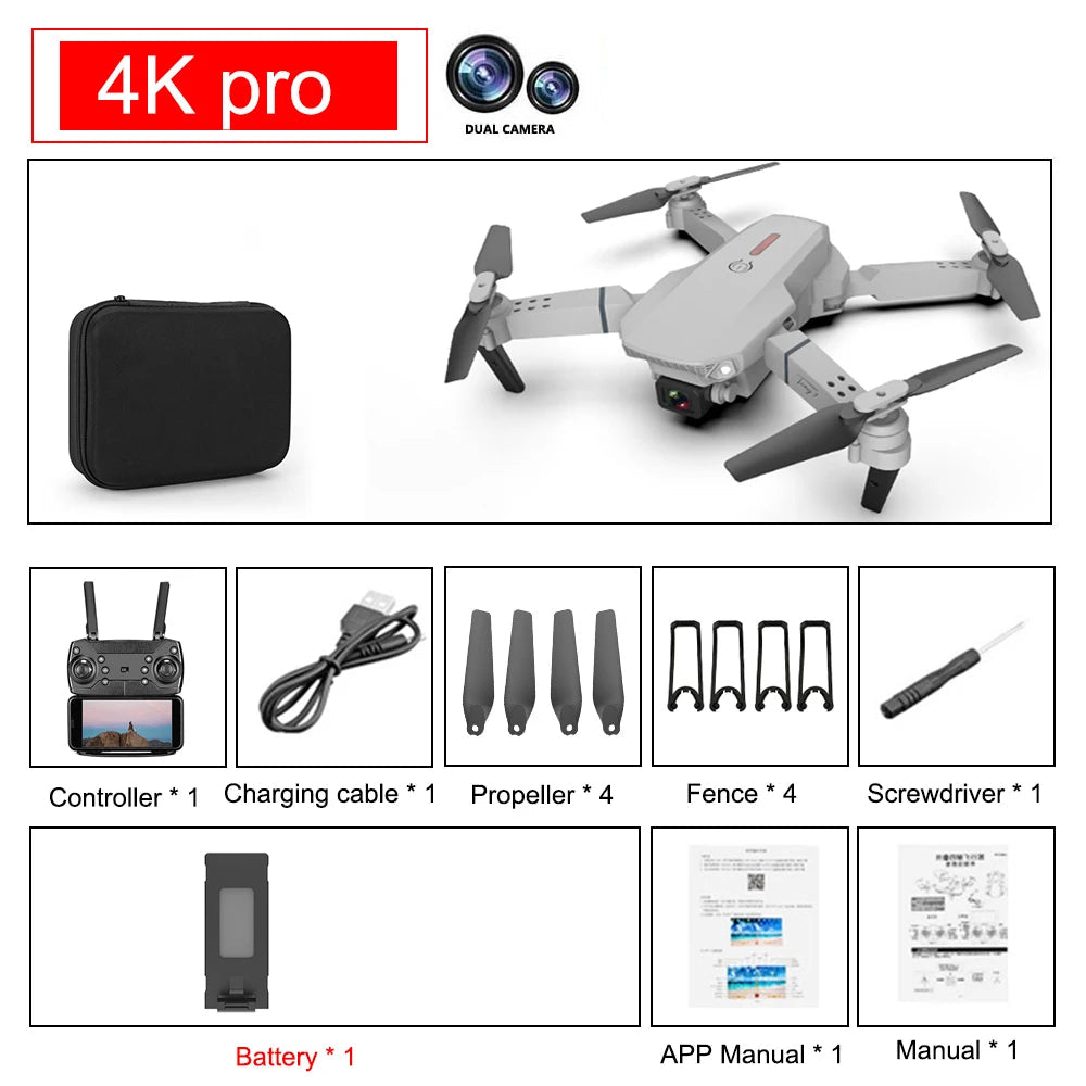 E88 Pro Foldable Quadcopter Drone - WIFI FPV, HD 4K Camera, Altitude Hold